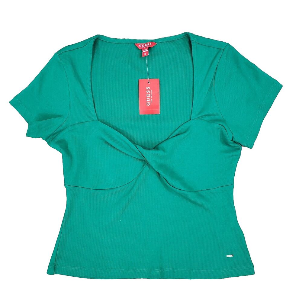 Guess Shortsleeve Babydoll Crop Top Green Ribbed Sweetheart Neckline XL Y2K